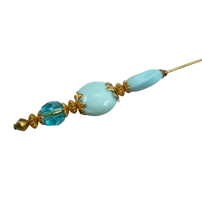 Robin’s Egg Blue Aqua Glass Bead Gold Filigree - 8 Inch Hatpin