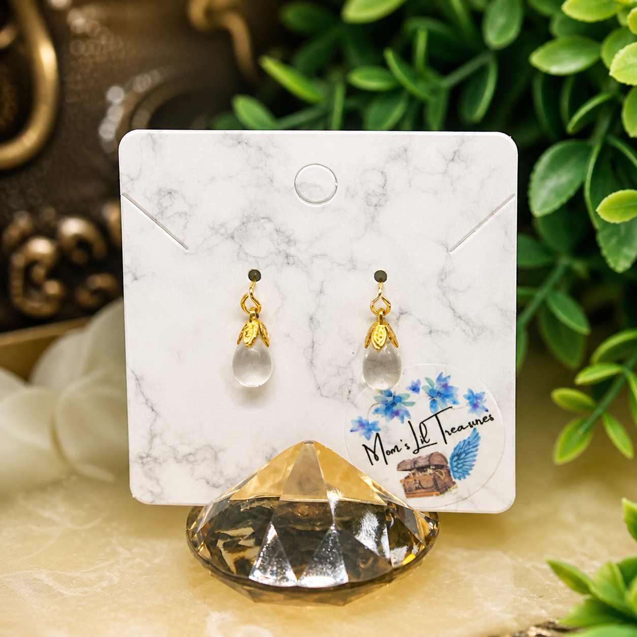 Clear Glass Teardrop Gold Filigree Doll Earrings • 18 Inch Fashion Doll Jewelry