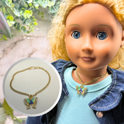 Blue Green Acrylic Butterfly Charm Rhinestone Accents Gold Chain Doll Necklace • 18 Inch Fashion Doll Jewelry