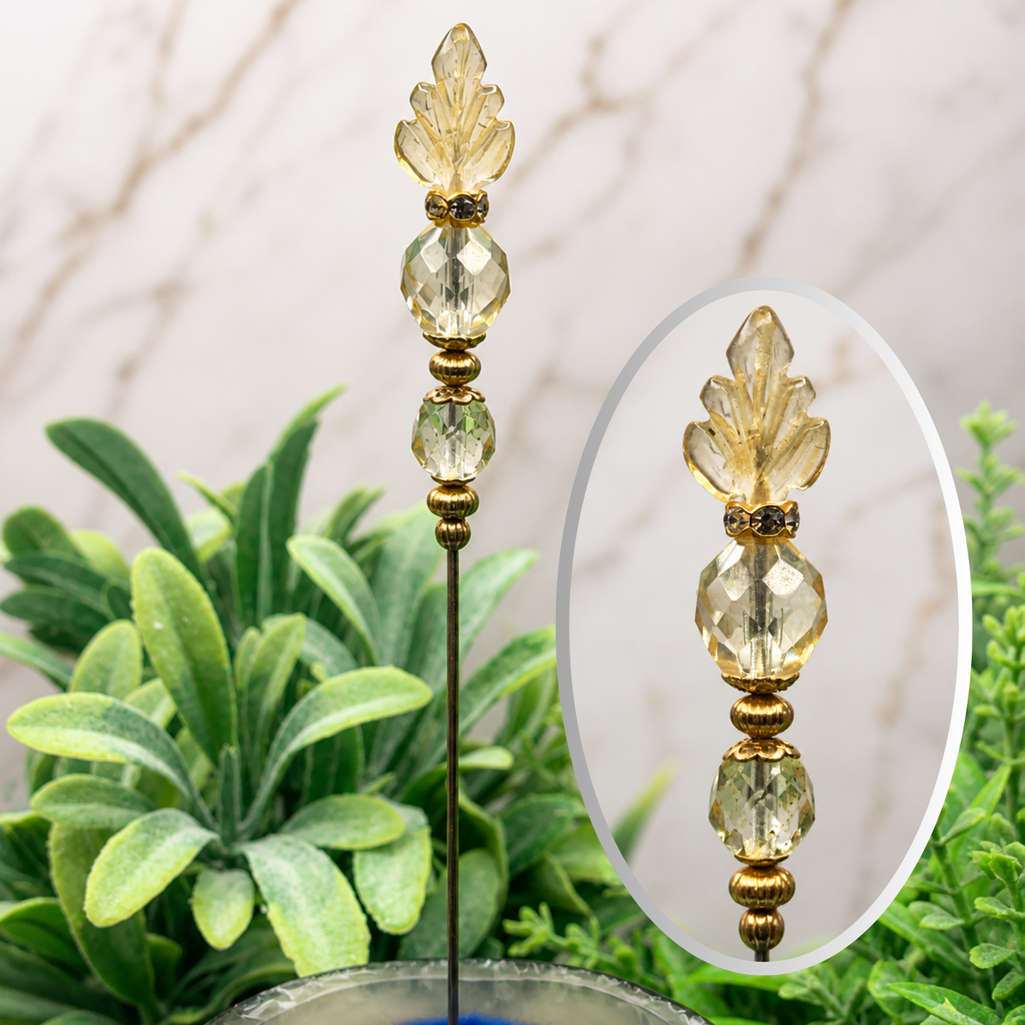 Light Yellow Glass Leaf Crystal Beaded - 6.25” Pin • Hatpin - Stick Pin