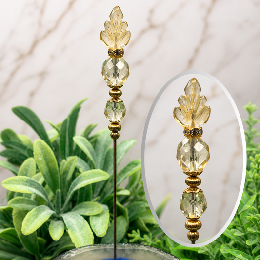 Light Yellow Glass Leaf Crystal Beaded - 6.25” Pin • Hatpin - Stick Pin