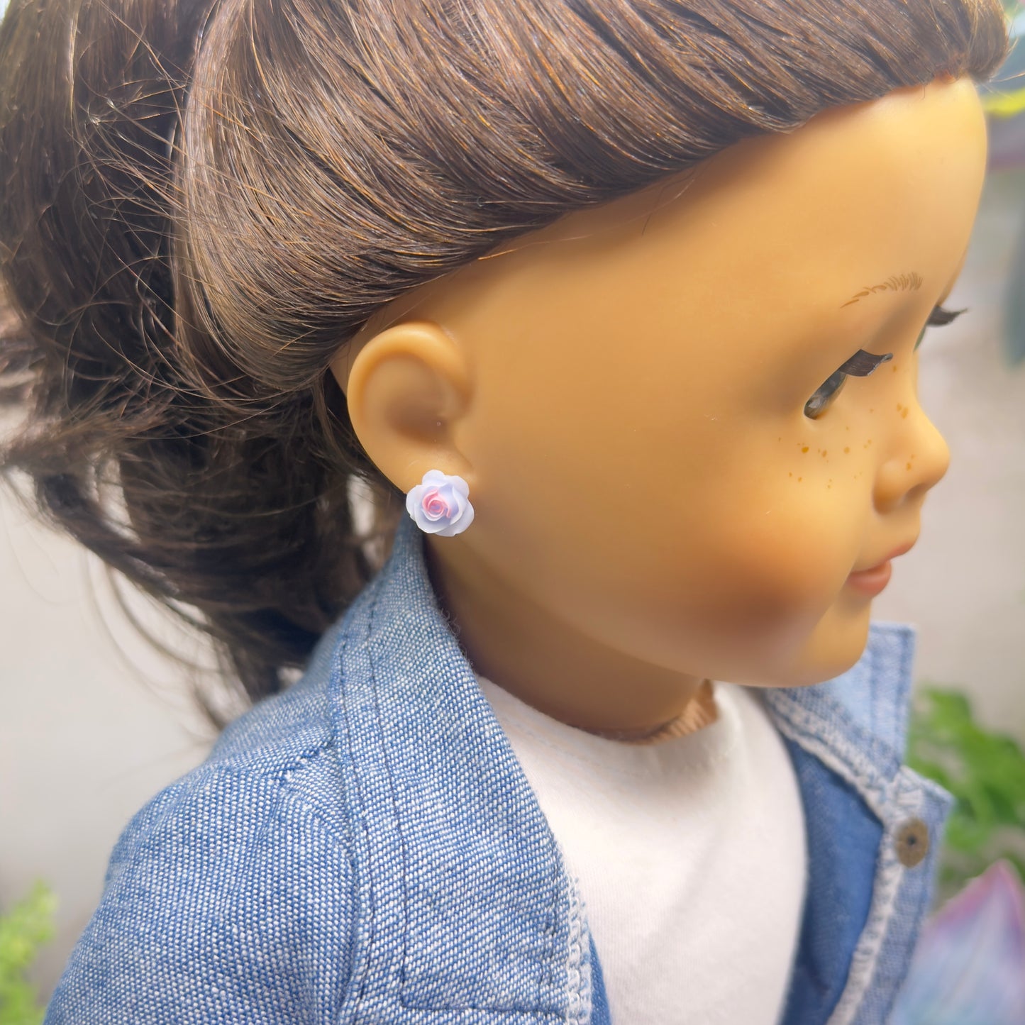 Blue PurplePink Rose Flower Post Doll Earrings • 2mm Post • for 18 Inch Fashion Doll