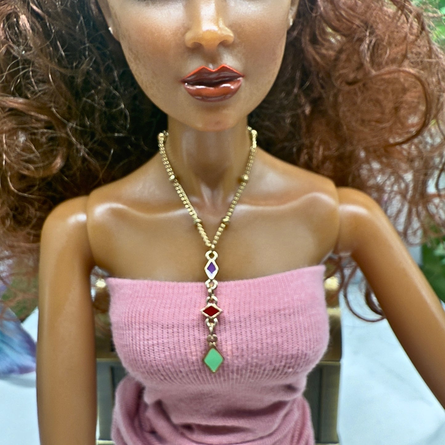 Multi Color Diamond Charm Y-Drop Gold Doll Necklace • 16 Inch Doll Jewelry