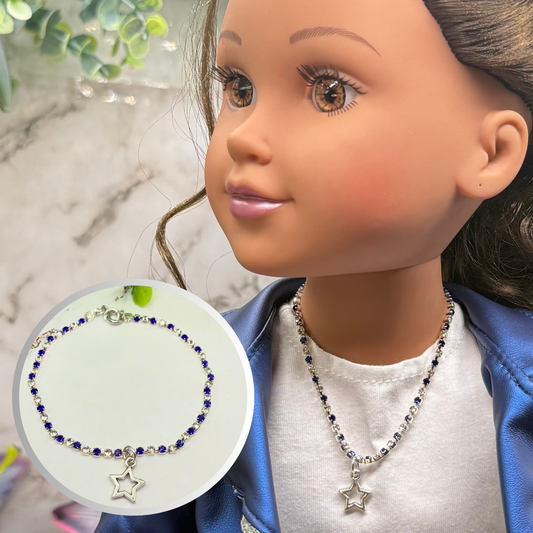 Blue & Clear Rhinestone Silver Star Charm Doll Necklace for 18 Inch Fashion Doll