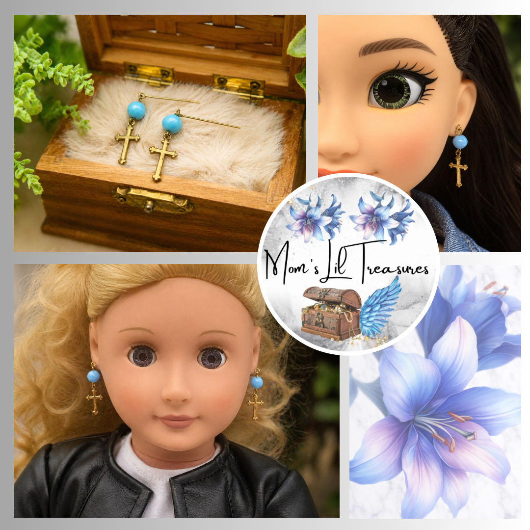 Turquoise Blue Glass & Gold Cross Dangle Doll Earrings • 18 Inch Fashion Doll Jewelry