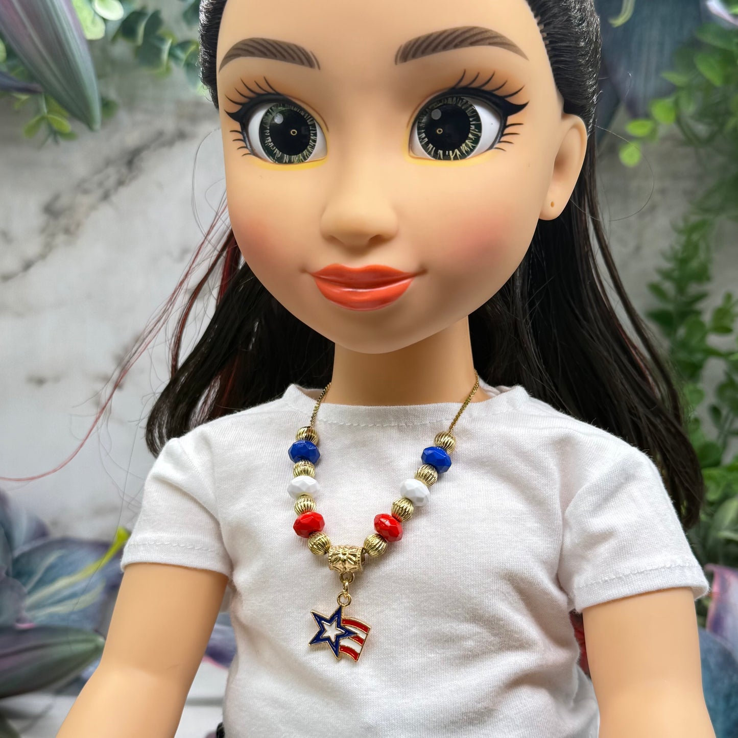 Red White Blue Gold Beaded Americana Star Charm Doll Necklace for 18 Inch Fashion Doll