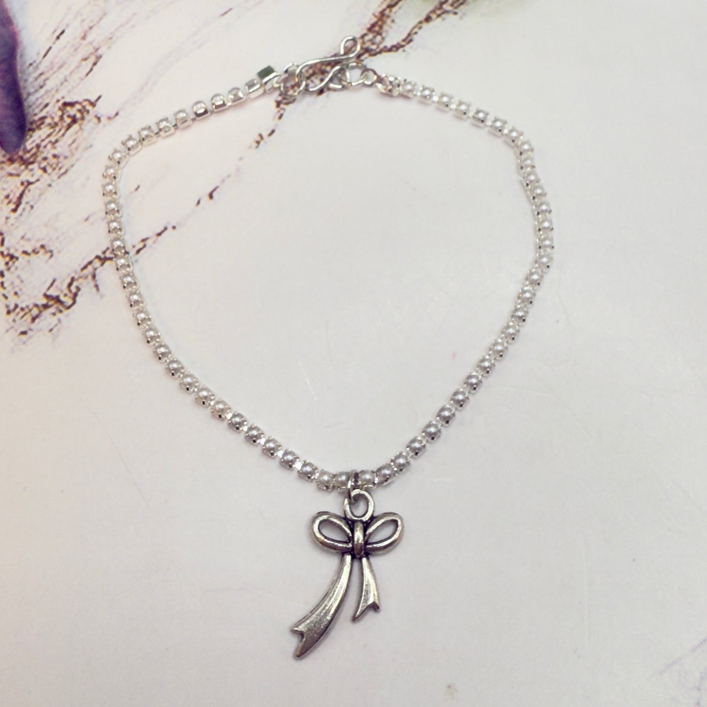 Tiny Pearl Cup Chain Silver Necklace Silver Bow Ribbon Charm Doll Necklace for 18 Inch Fashion Doll Jewelry