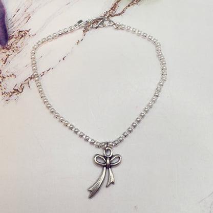 Tiny Pearl Cup Chain Silver Necklace Silver Bow Ribbon Charm Doll Necklace for 18 Inch Fashion Doll Jewelry