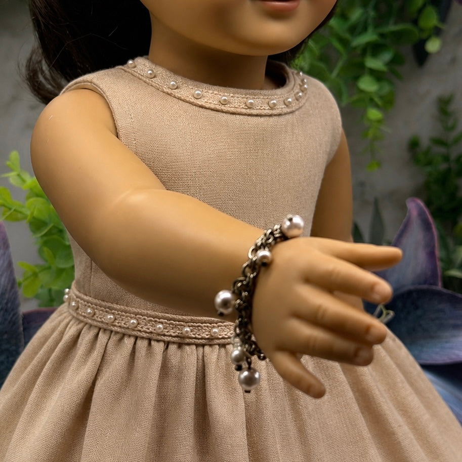 Gold Brass Tone Chain Pearl Dangles Doll Charm Bracelet • 18 Inch Fashion Doll Jewelry