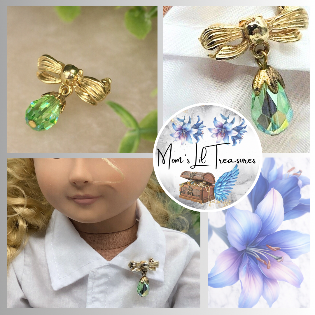Green Glass Crystal Gold Bow Dangle Doll Pin •  Doll Brooch