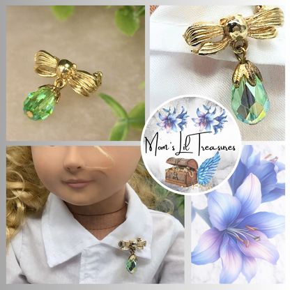 Green Glass Crystal Gold Bow Dangle Doll Pin •  Doll Brooch