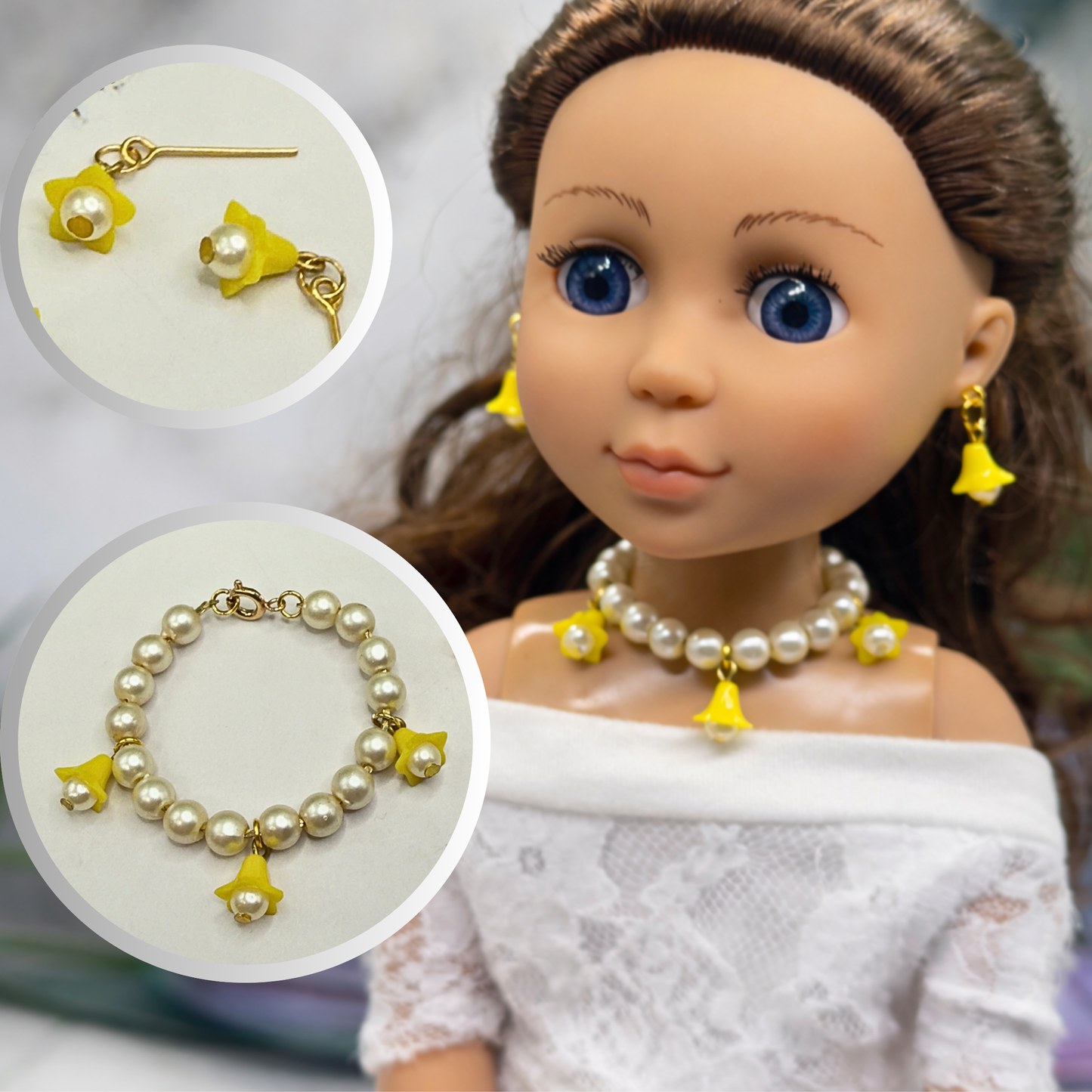 Light Yellow Bell Flower Dangle Pearl Beaded Doll Necklace & Earring • 14 Inch Fashion Doll Jewelry