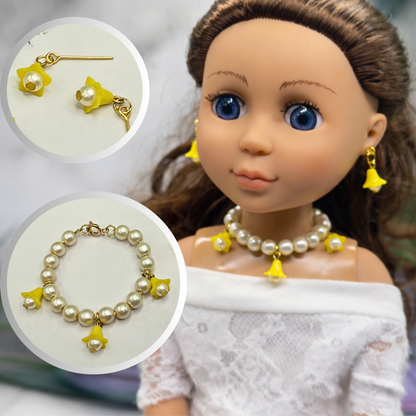 Light Yellow Bell Flower Dangle Pearl Beaded Doll Necklace & Earring • 14 Inch Fashion Doll Jewelry