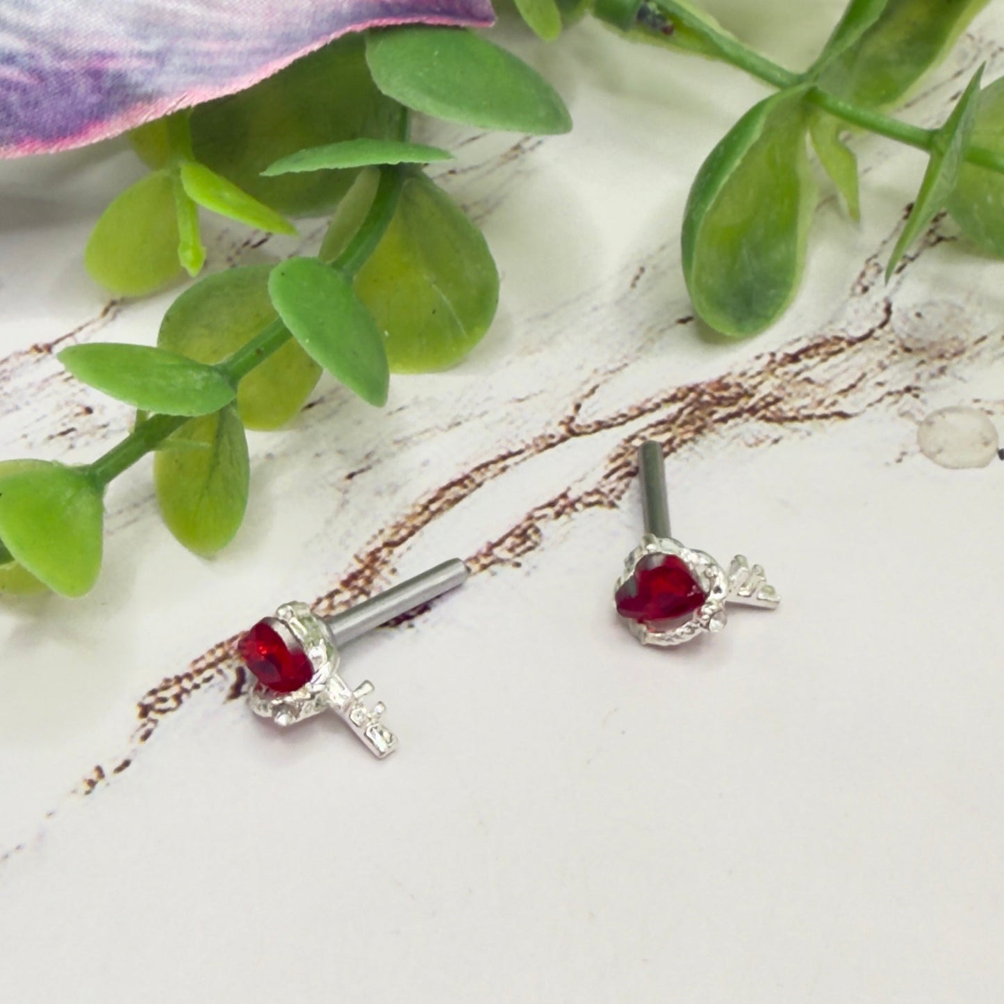 Red Rhinestone Heart Silver Key Post Doll Earrings • 2mm Post for 18 Inch Fashion Doll