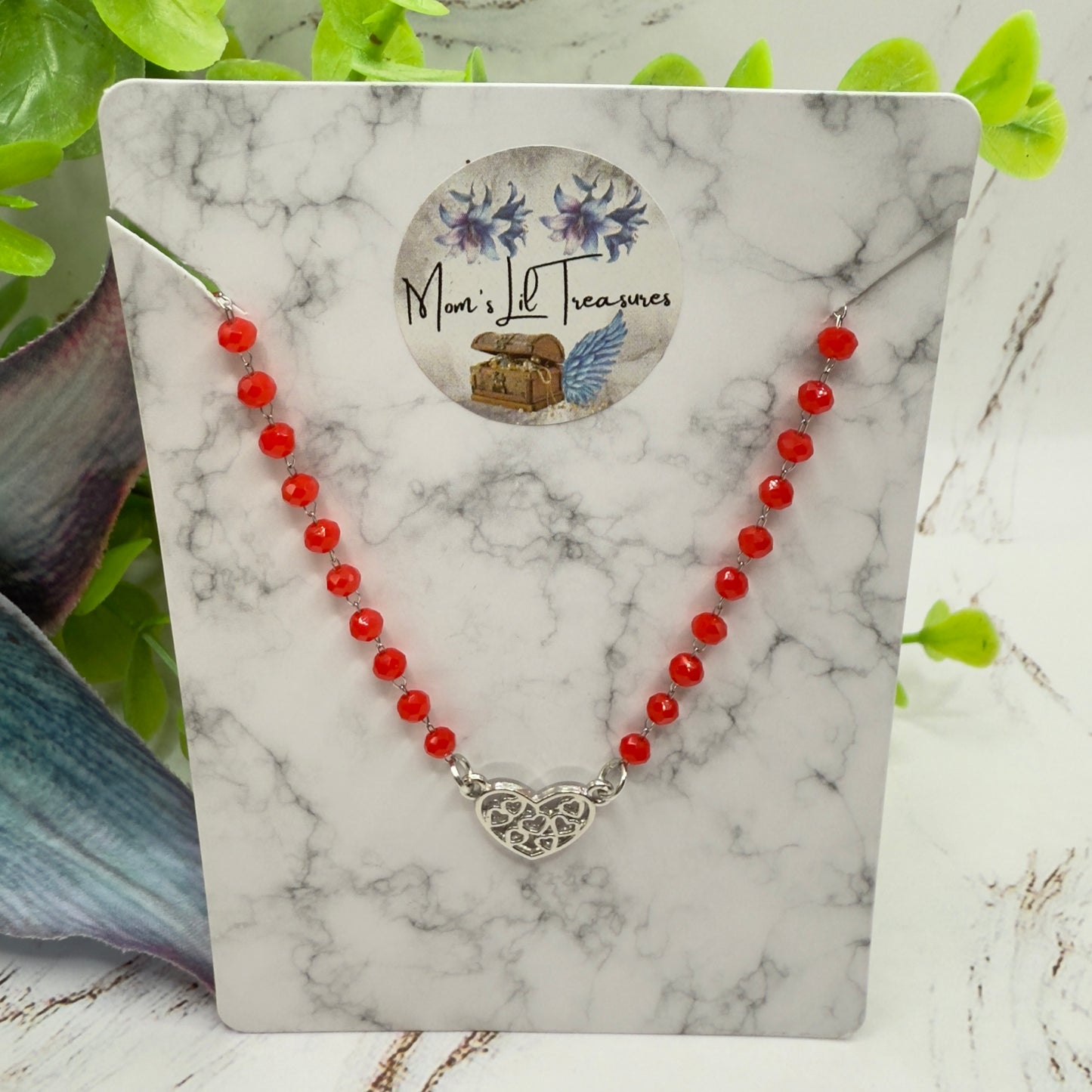 Red Glass Crystal Bead Silver Filigree Heart Charm Doll Necklace • 18 Inch Fashion Doll Jewelry