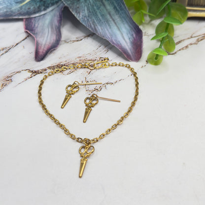 Gold Vintage Style Scissors Charm Doll Necklace & Earrings Set • 18 Inch Fashion Doll Jewelry