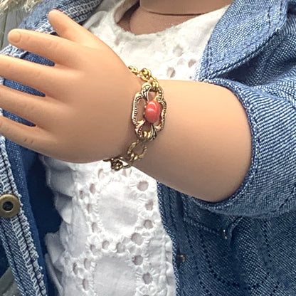 Oval Coral Glass Accent Gold Filigree Chain Doll Bracelet • 18” Doll Jewelry