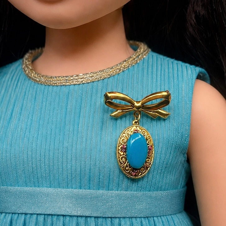 Turquoise Blue Acrylic Accent Gold Oval Filigree Design Dangle Doll Brooch