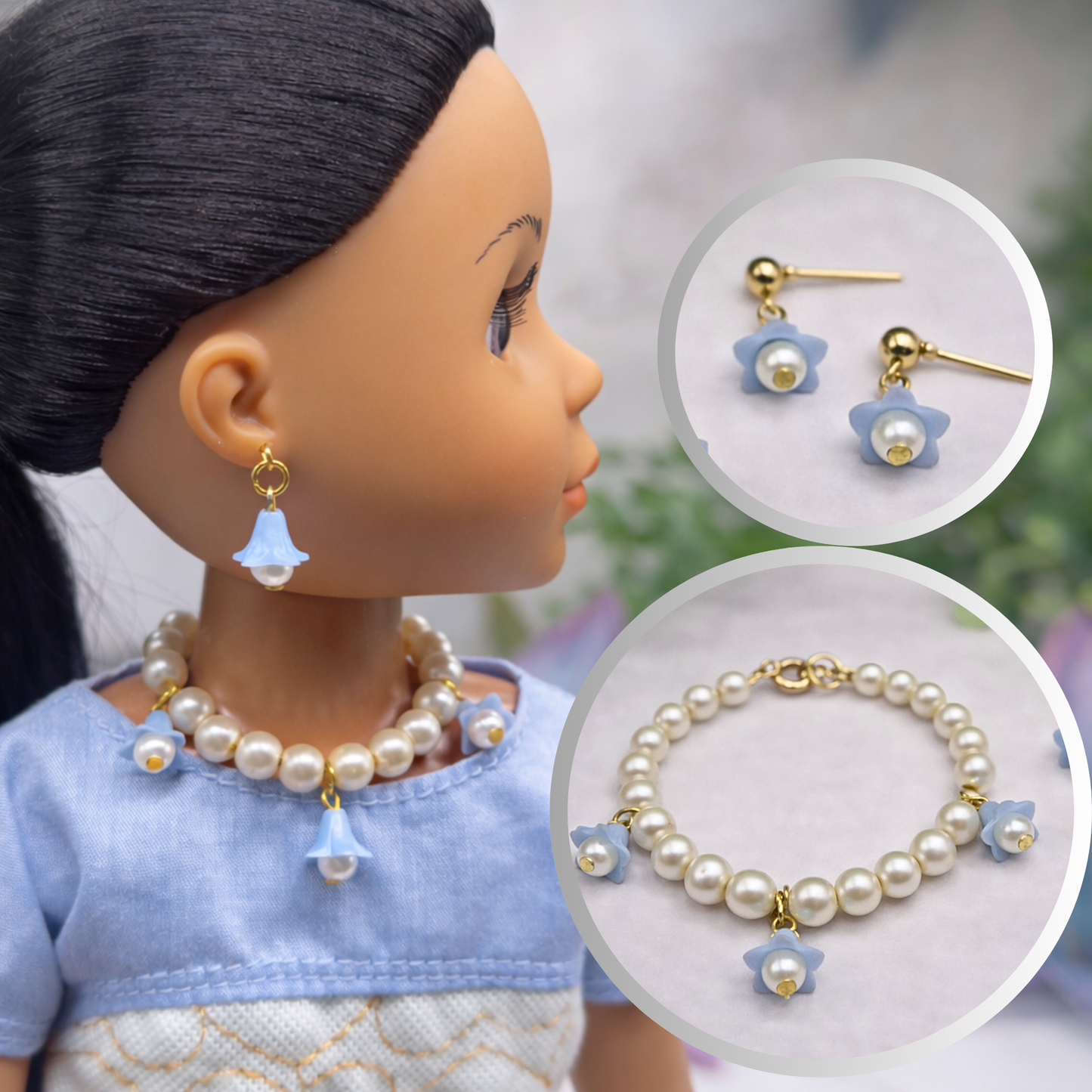 Light Blue Bell Flower Dangle Pearl Beaded Doll Necklace & Earrings • 14 Inch Fashion Doll Jewelry