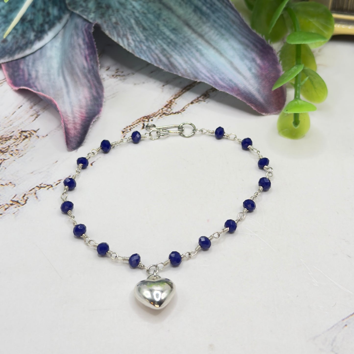 Blue Crystal Beaded Silver Heart Charm Doll Necklace • 18 Inch Fashion Doll Jewelry