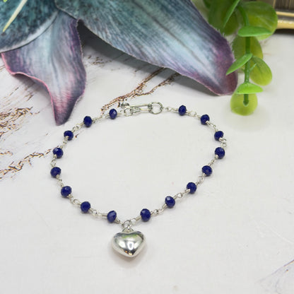 Blue Crystal Beaded Silver Heart Charm Doll Necklace • 18 Inch Fashion Doll Jewelry