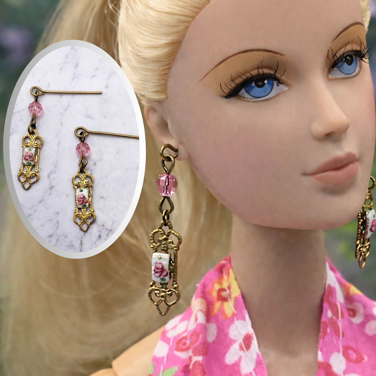 Pink Crystal Rose Design Gold Filigree Dangle Doll Earrings • 16” Doll Jewelry