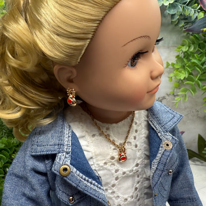 Copper Rose Gold Tone Rudolph Red Nose Reindeer Doll Necklace & Earrings Set • 18 Inch Fashion Doll Jewelry
