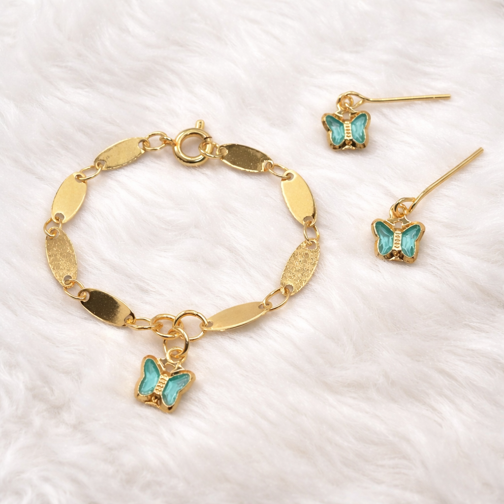 Teal Crystal Butterfly Charm Gold Oval Link Doll Necklace & Earrings • 14 Inch Fashion Doll Jewelry
