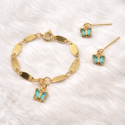 Teal Crystal Butterfly Charm Gold Oval Link Doll Necklace & Earrings • 14 Inch Fashion Doll Jewelry