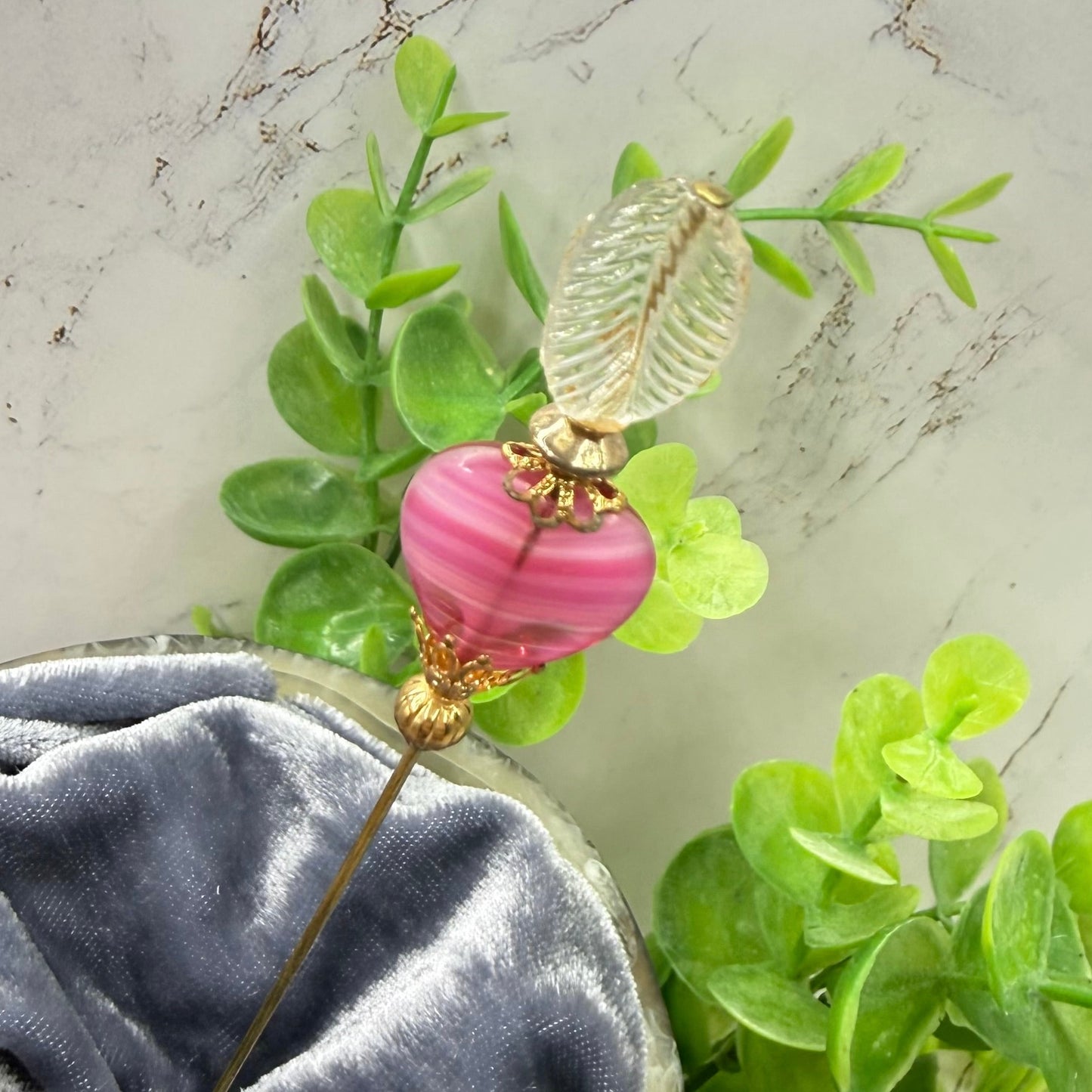 Pink Swirl Design Glass Heart Clear Leaf Top Gold Filigree - 6 Inch • Hatpin - Stick Pin