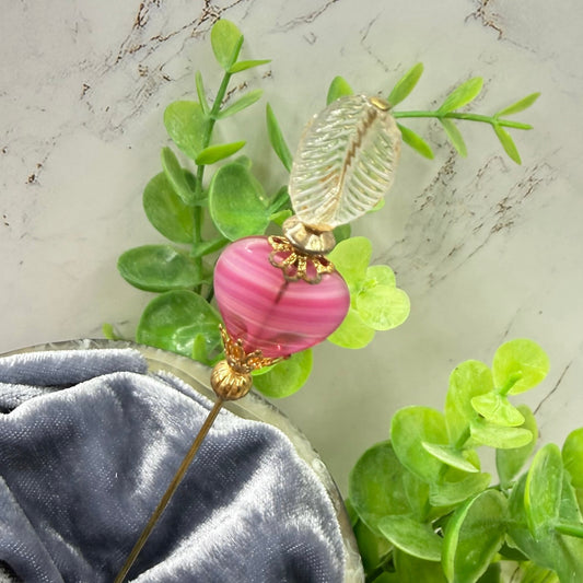 Pink Swirl Design Glass Heart Clear Leaf Top Gold Filigree - 6 Inch • Hatpin - Stick Pin