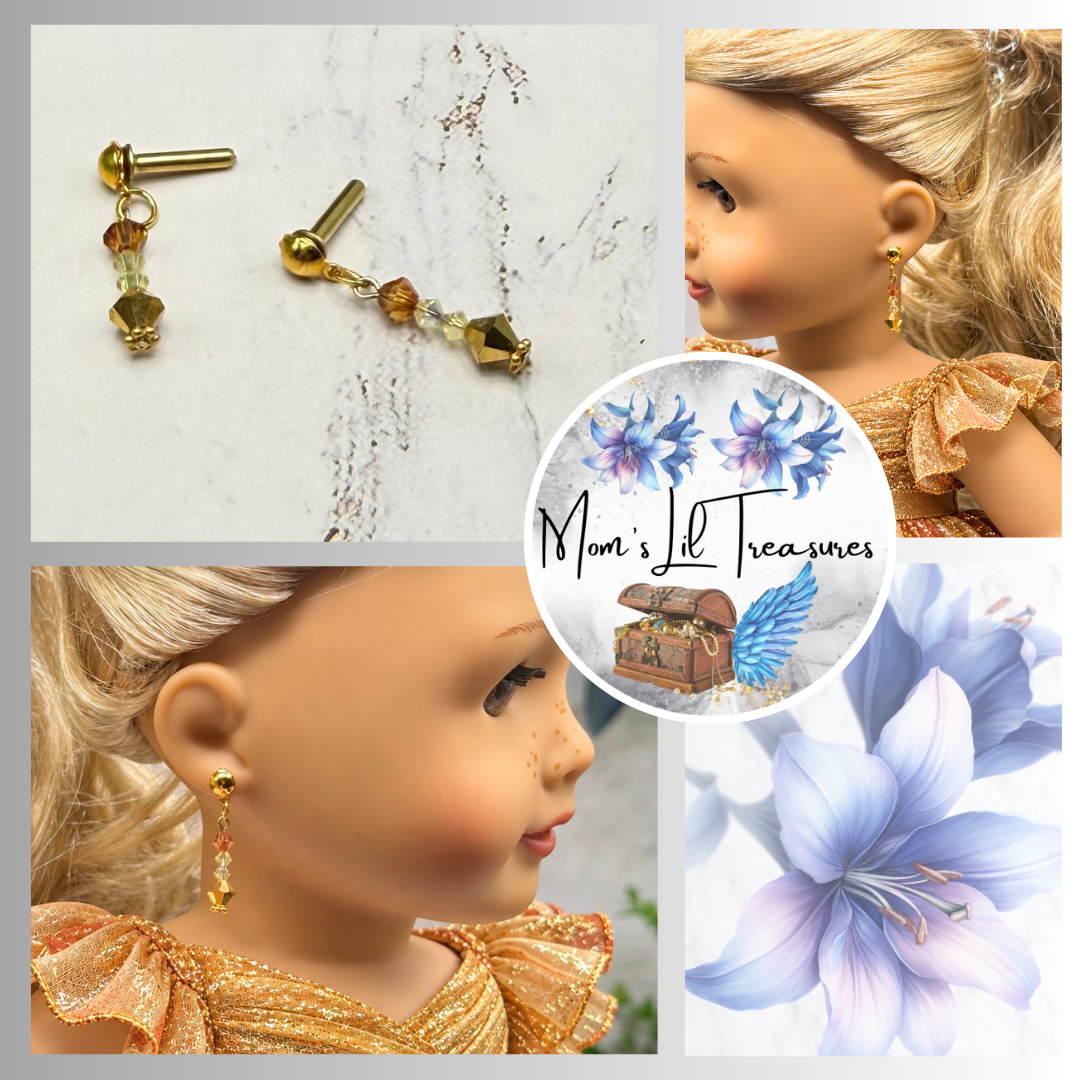Amber Golden Clear Crystal Dangle 2mm Post Doll Earrings • fits 18 Inch Fashion Doll • American Girl