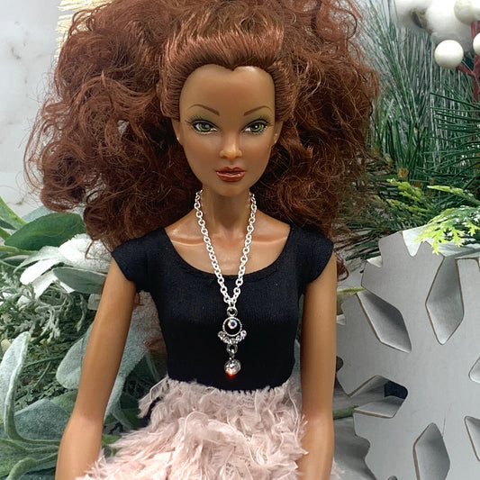 Clear & AB Rhinestone Pendant Silver Chain Doll Necklace • 16”  Doll Jewelry