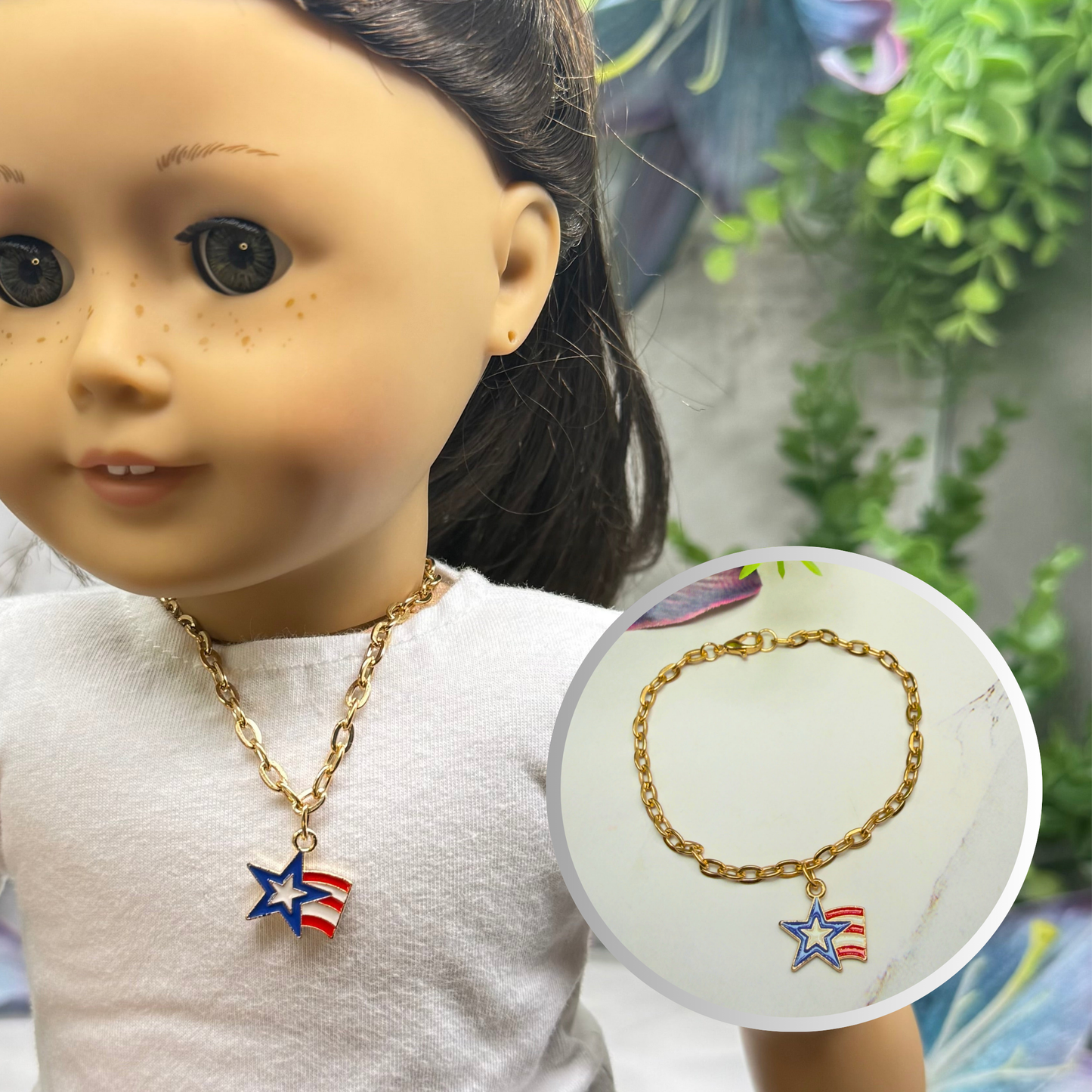 American Flag Star Charm Red White Blue Doll Necklace for 18 Inch Fashion Doll