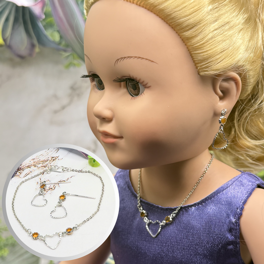 Amber Yellow Crystal Silver OpenHeart Charm Doll Necklace & Earrings • 18 Inch Fashion Doll Jewelry