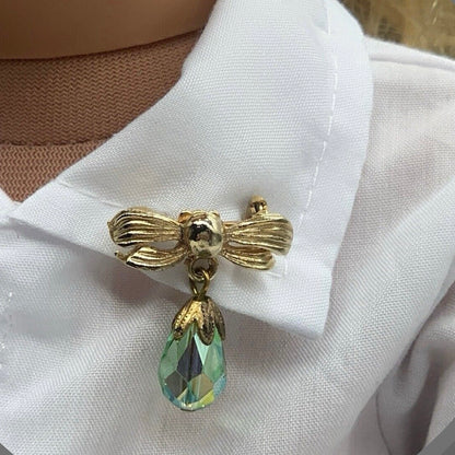 Green Glass Crystal Gold Bow Dangle Doll Pin •  Doll Brooch