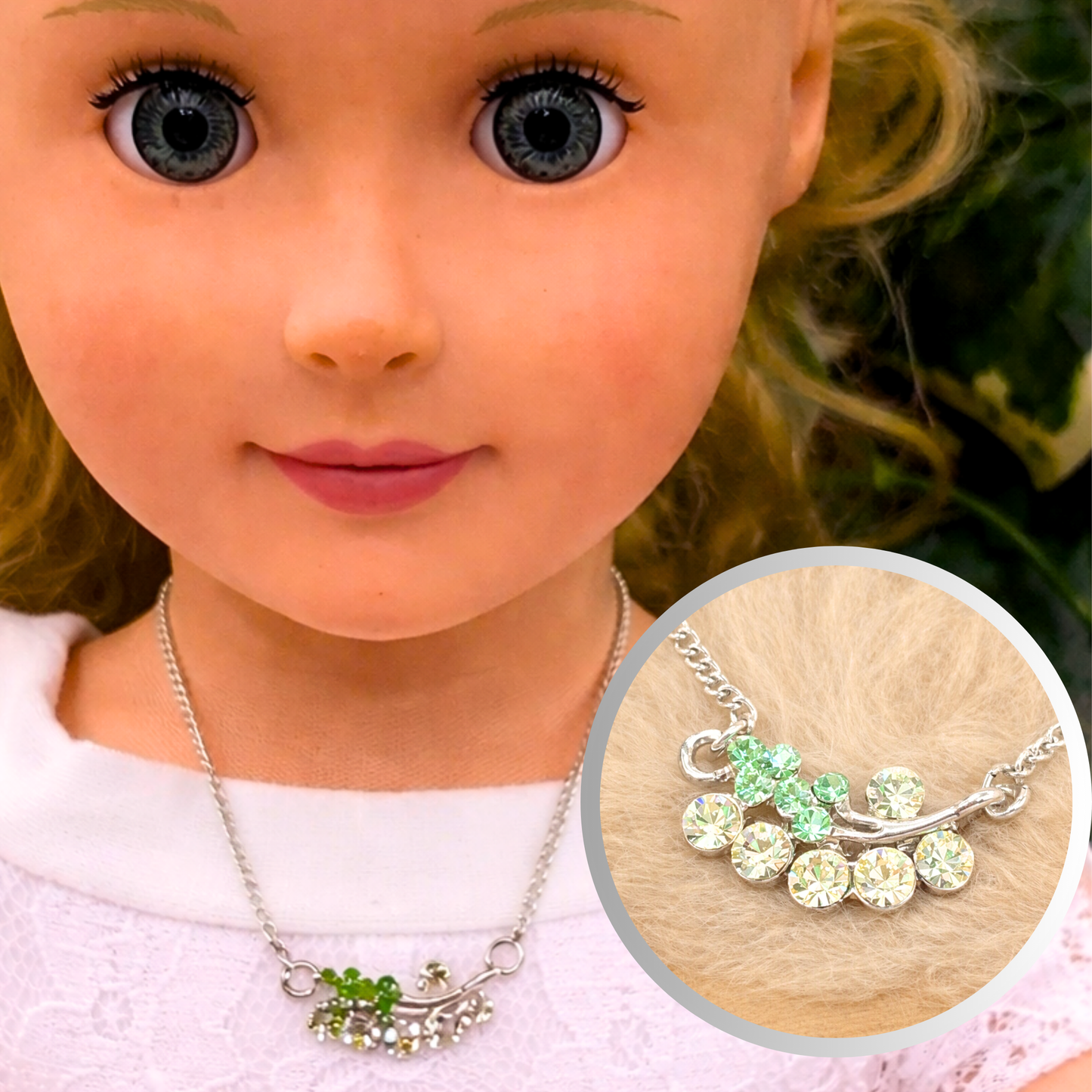 Clear Green Rhinestone Leaf Flower Pendant Gold Doll Necklace • 18” Doll Jewelry