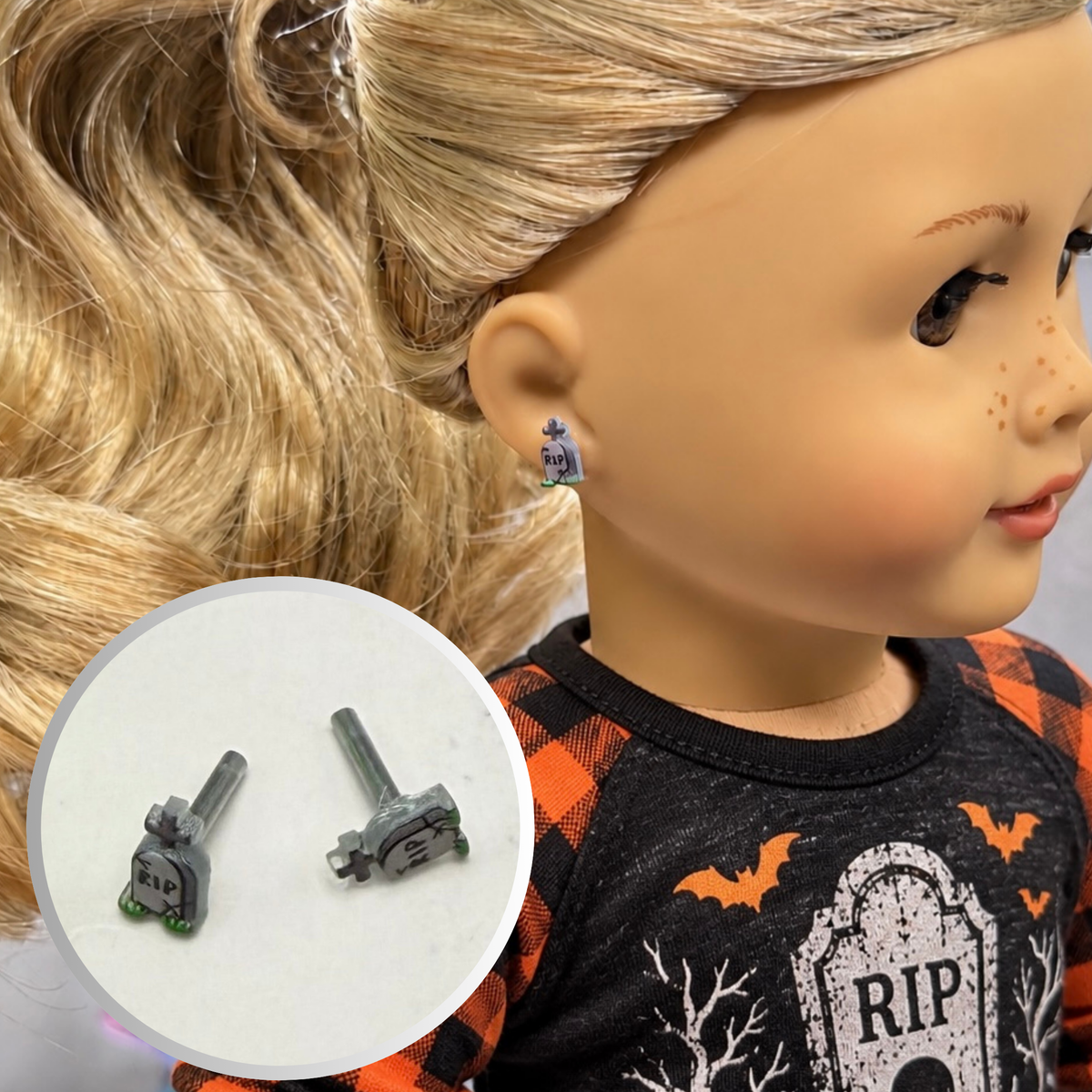 Tombstone RIP Halloween 2mm Post Doll Earrings | fits 18 Inch Dolls • American Girl