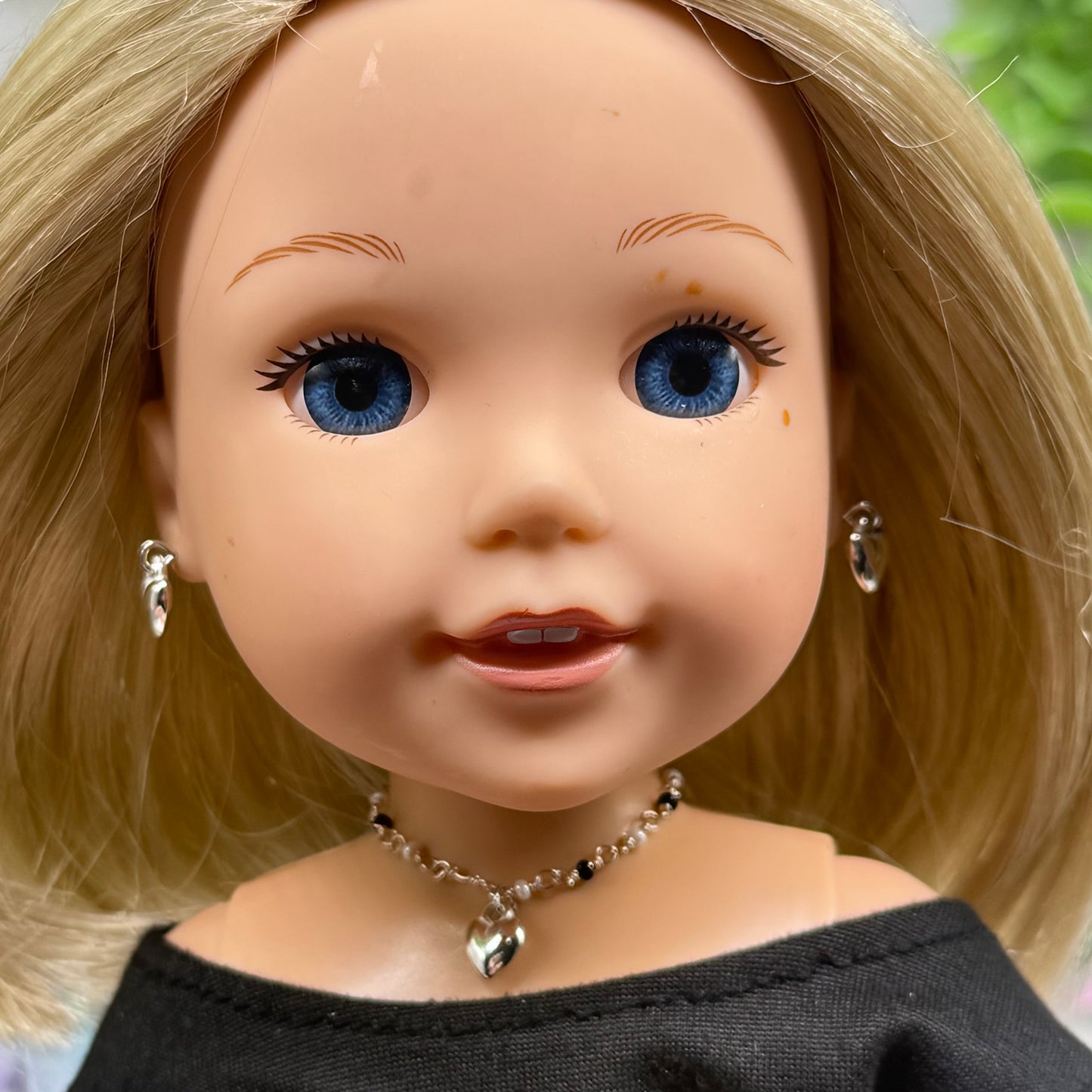 Black & Pearl Beaded Silver Heart Charm Doll Necklace & Earrings • 14 Inch Fashion Doll Jewelry