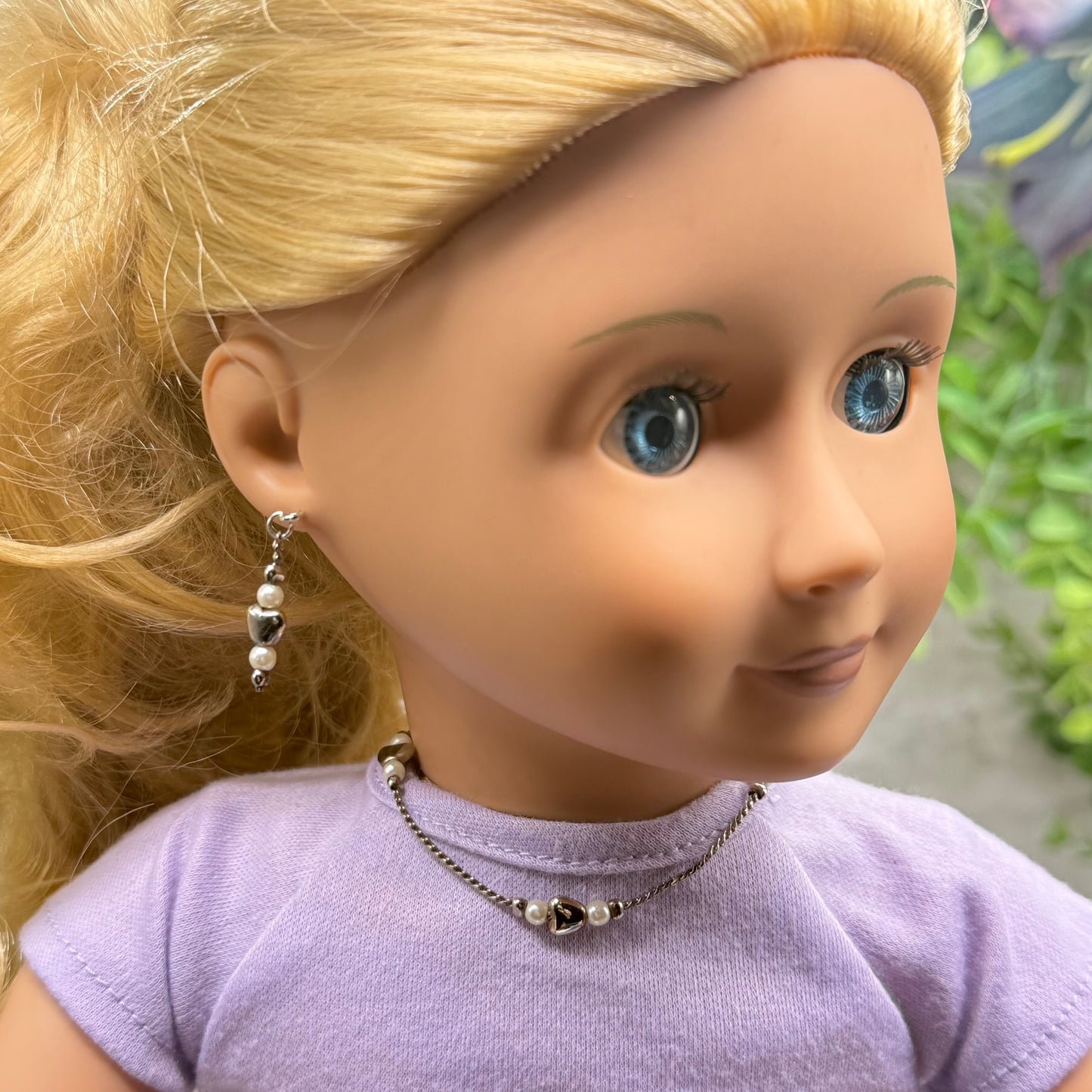 Silver Heart & Pearl Beaded Doll Necklace & Earrings Set • 18 Inch Fashion Doll Jewelry
