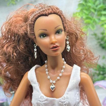 Pearl Beaded Silver Heart Charm Doll Necklace & Earrings • 16 Inch Fashion Doll Jewelry