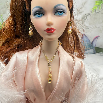 Pink Crystal Pearl Gold Y-Drop Doll Necklace & Earrings • 16 Inch Fashion Doll Jewelry