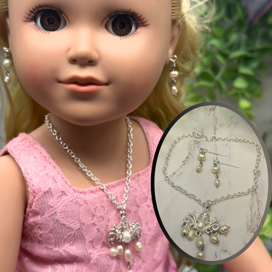 Silver Filigree Pearl Dangle Doll Necklace & Earrings Set • 18 Inch Fashion Doll Jewelry