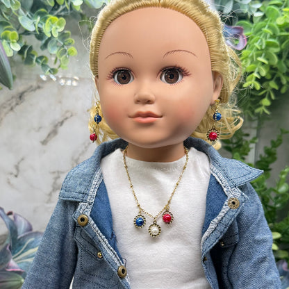 Red White Blue Pearl Dangle Gold Doll Necklace & Earrings Set for 18 Inch Fashion Doll