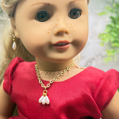 Teardrop Pearl Dangle Pendant Gold Chain Doll Necklace & Earrings Set • 18 Inch Fashion Doll Jewelry