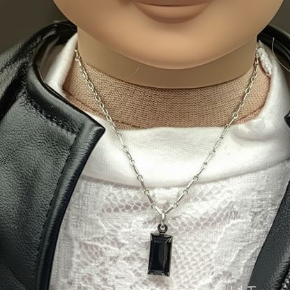 Black Glass Rectangular Pendant Silver Doll Necklace • 18 Inch Doll Jewelry