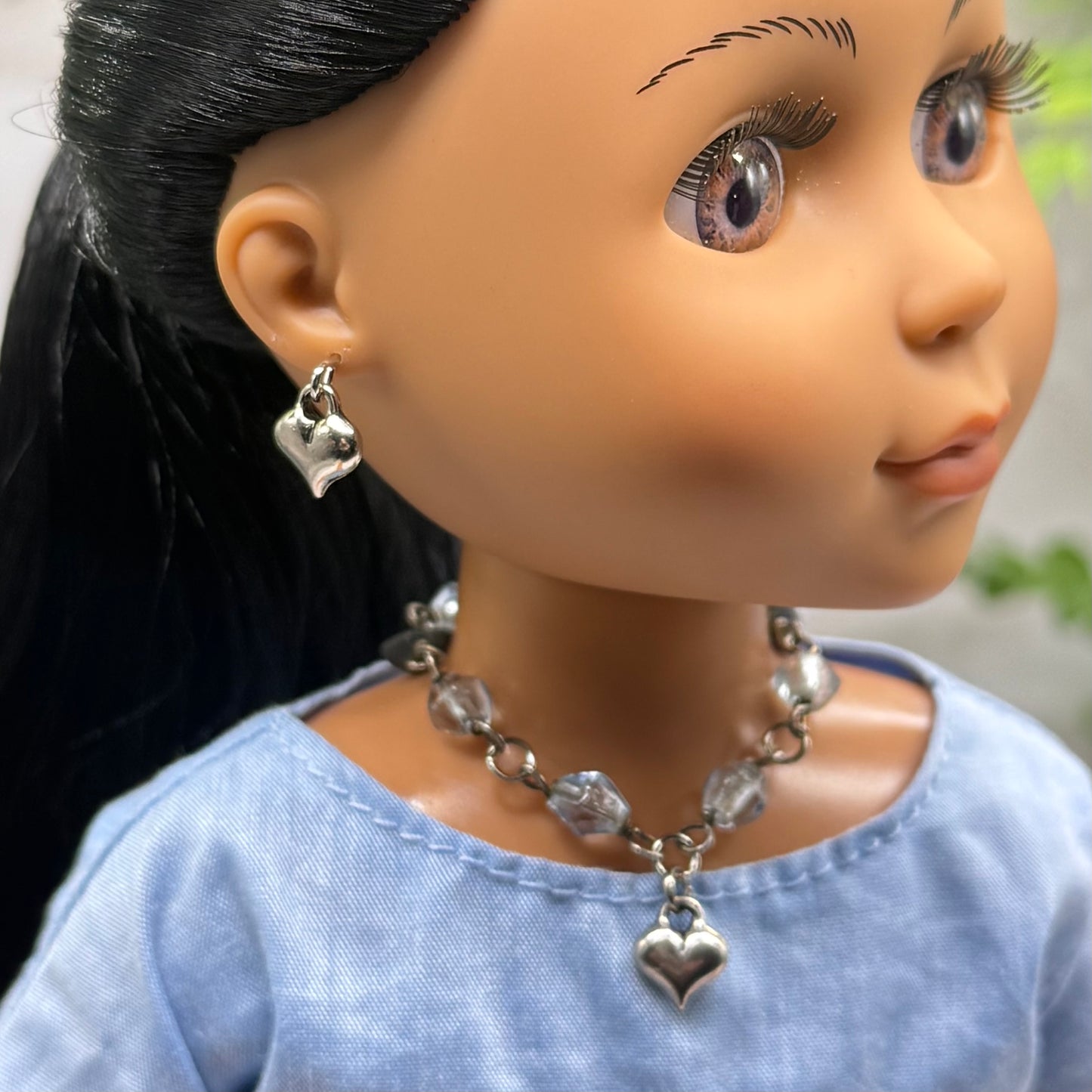 Blue Glass Beaded Silver Heart Charm Doll Necklace & Earrings • 14 Inch Fashion Doll Jewelry