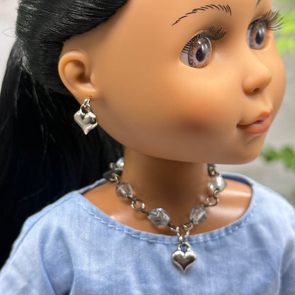 Blue Glass Beaded Silver Heart Charm Doll Necklace & Earrings • 14 Inch Fashion Doll Jewelry
