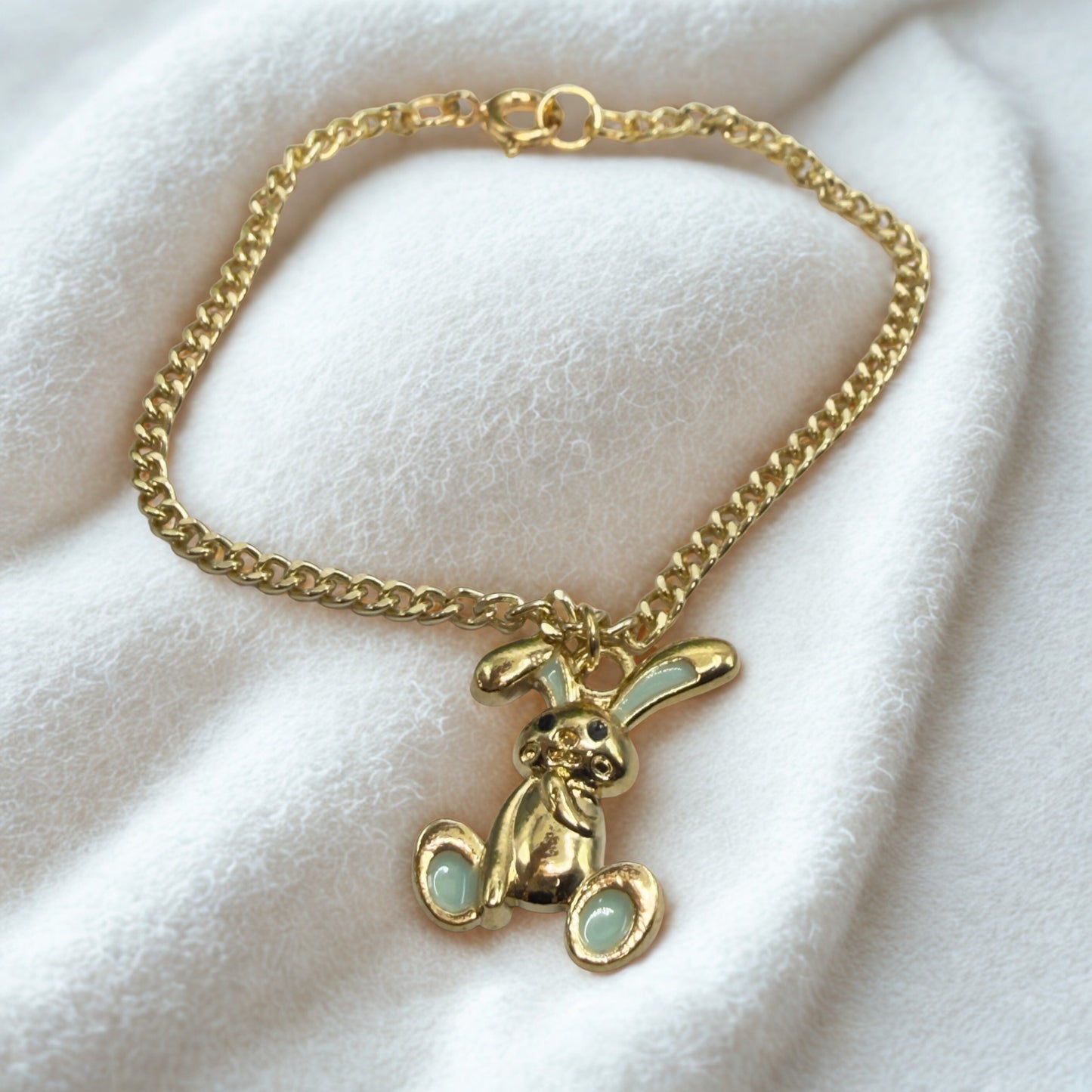 Floppy Ear Bunny Light Blue Enamel Detail Charm Gold Doll Necklace • 18 Inch Fashion Doll Jewelry