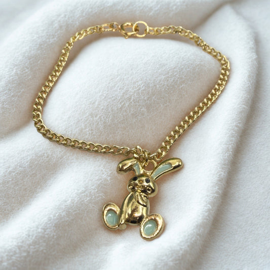 Floppy Ear Bunny Light Blue Enamel Detail Charm Gold Doll Necklace • 18 Inch Fashion Doll Jewelry